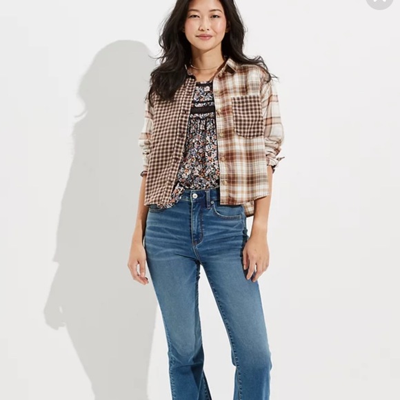 American Eagle Outfitters Tops - AE American Eagle Size Large Cozy Cabin Cropped Flannel Multi Color Button Up